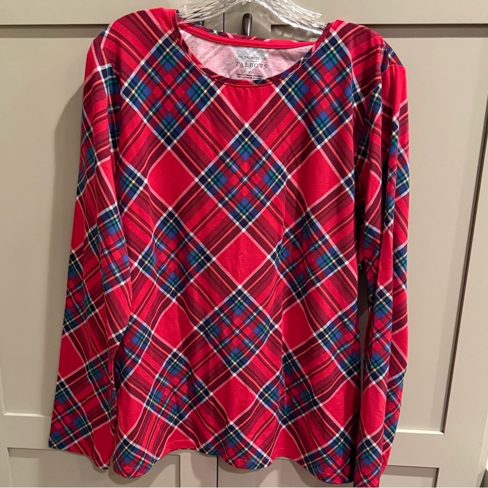 NWT Talbots Red & Navy Plaid Tee SZ XL -Great for winter months & Christmas